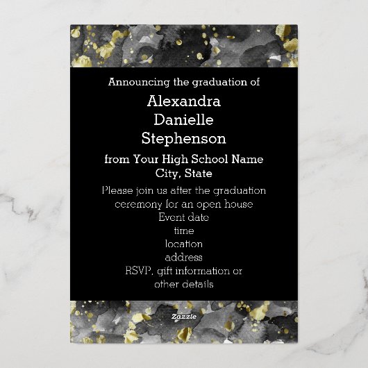 2025 Zwart Goud Waterverf Art Photo Afstuderen Folie Uitnodiging (Achterkant)