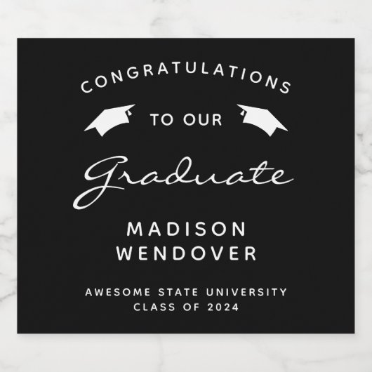 2025 Zwart Wit Script Pet Afstuderen Sparkling Wijnetiket (Enkel label)