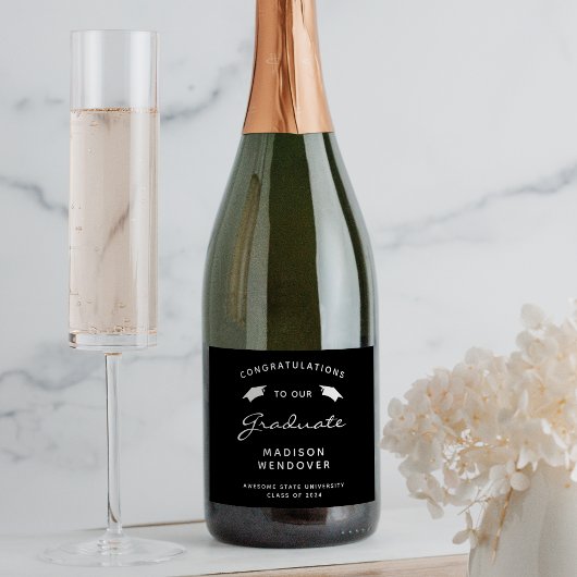2025 Zwart Wit Script Pet Afstuderen Sparkling Wijnetiket