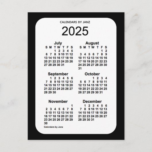 2025 Zwarte 6-maandenkalender van Janz Briefkaart (Voorkant)