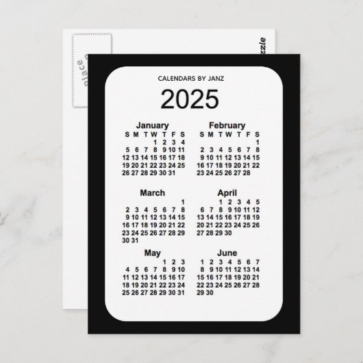 2025 Zwarte 6-maandenkalender van Janz Briefkaart (Voorkant / Achterkant)