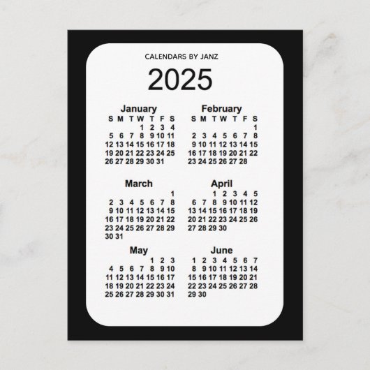 2025 Zwarte 6-maandenkalender van Janz Briefkaart (Voorkant)