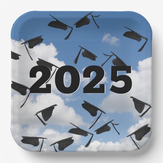 2025 Zwarte Afstuderen Petten in de lucht Papieren Bordje (Voorkant)