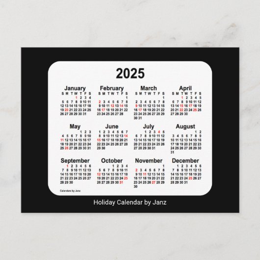 2025 Zwarte Vakantie Mini Kalender van Janz Feestdagenkaart (Voorkant)