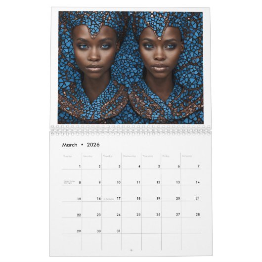 2026 12-maanden kalender met zwarte vrouwen (Mar 2026)
