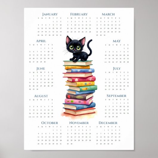2026 1-Page Calendar Black Cat on Colorful Books Poster (Voorkant)