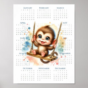 2026 1-pagina kalender Cute Monkey op Schommel Jun Poster