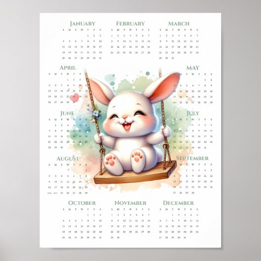 2026 1-pagina kalender Schattig konijn op schommel Poster (Voorkant)