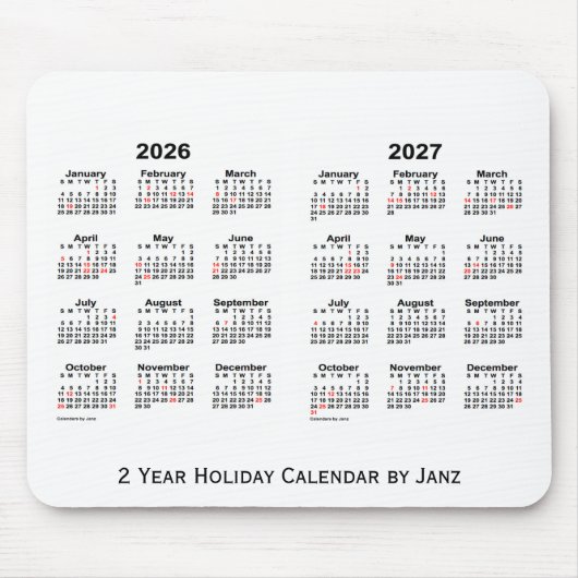 2026-2027 White 2 Year Holiday Calendar door Janz Muismat (Voorkant)