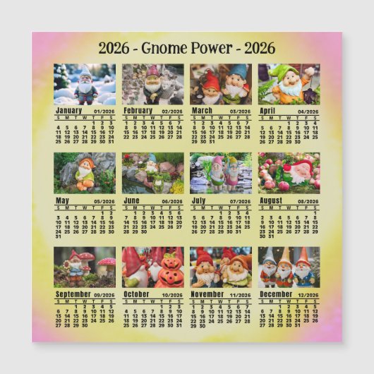2026 Aangepaste Foto Gnome Kalender Zondag start (Voorkant)