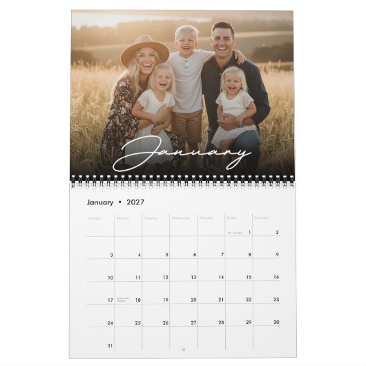 2026 Aangepaste gezelfoto moderne elegante script Kalender (Jan 2027)