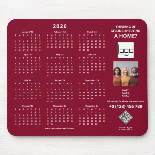 2026 Agenda Bedrijfslogo QR-code Bordeaux Foto Muismat (Voorkant)
