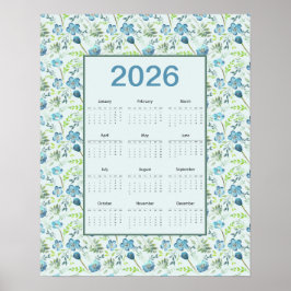 2026 Agenda Hele Jaar Blauwe Bloemen Poster