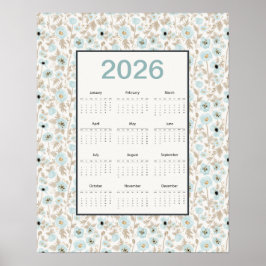 2026 Agenda Hele Jaar Blauwe Crème Klaprozen Poster