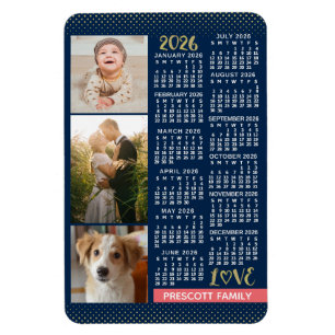 2026 Agenda Navy Koraal Goud Familie Foto Collage Magneet