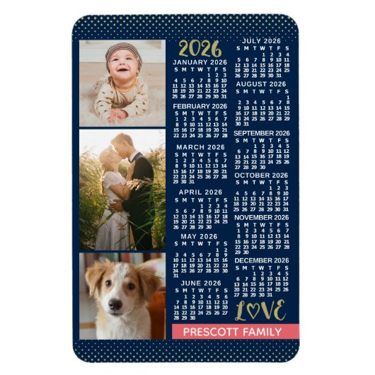 2026 Agenda Navy Koraal Goud Familie Foto Collage Magneet (Verticaal)