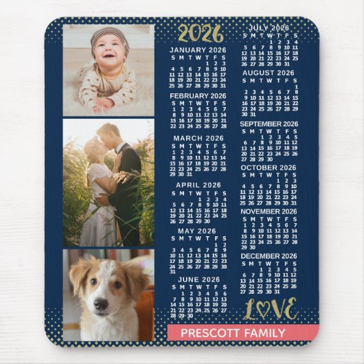 2026 Agenda Navy Koraal Goud Familie Fotocollage Muismat (Voorkant)