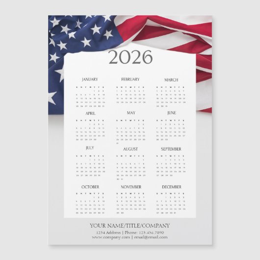 2026 American Flag Patriotic Mini Calendar Magnet (Voorkant)