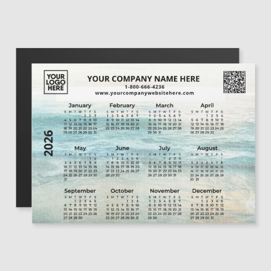 2026 Bedrijfsnaam Logo QR Ocean Calendar Magnet (Voorkant / Achterkant)