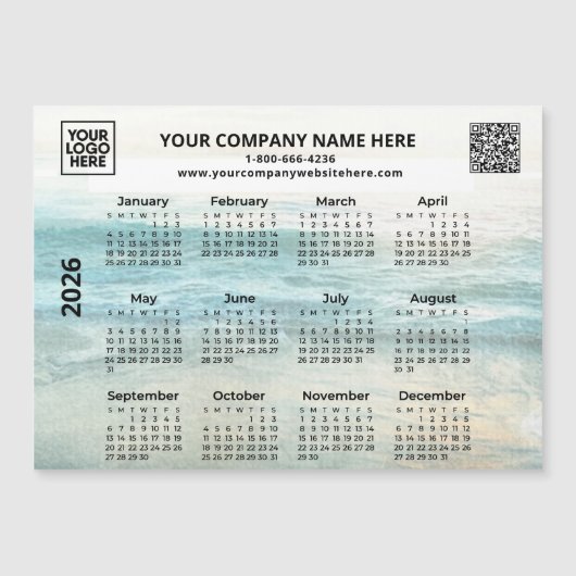 2026 Bedrijfsnaam Logo QR Ocean Calendar Magnet (Voorkant)