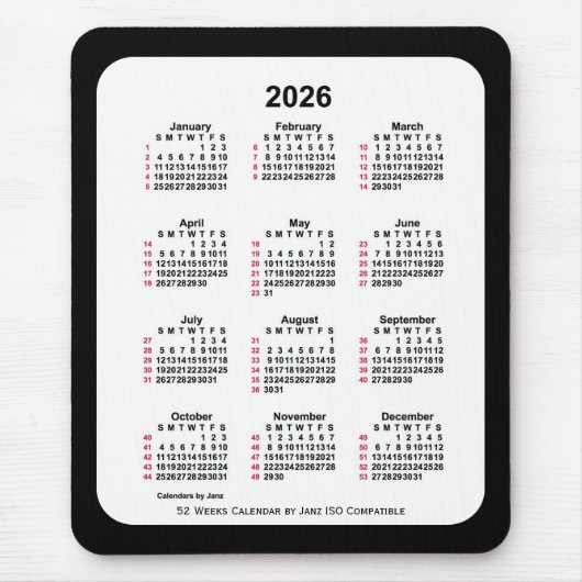 2026 Black 52 weken ISO-kalender van Janz Two Tone Muismat (Voorkant)
