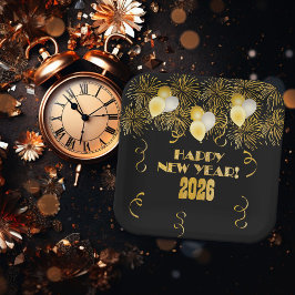 2026 Black Gold Glitter New Year's Eve Party Papieren Bordje