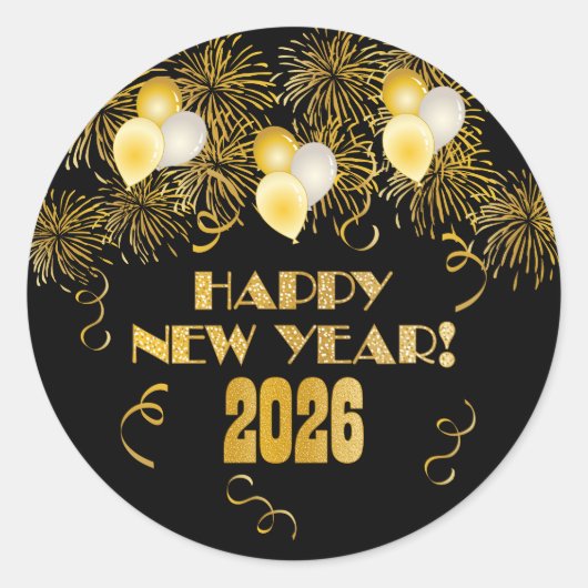 2026 Black Gold Glitter New Year's Eve Party  Ronde Sticker (Voorkant)