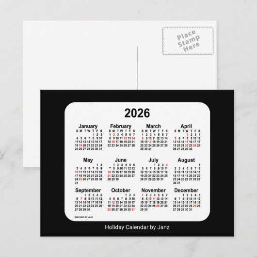 2026 Black Holiday Mini Calendar van Janz Feestdagenkaart (Voorkant / Achterkant)