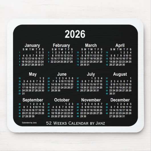 2026 Black Neon 52 weken agenda van Janz Muismat (Voorkant)