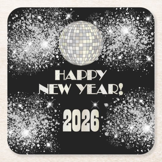 2026 Black Silver Glitter New Year's Eve Party Kartonnen Onderzetters (Voorkant)
