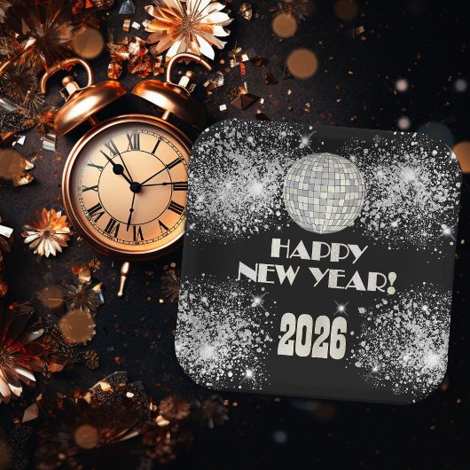 2026 Black Silver Glitter New Year's Eve Party  Papieren Bordje