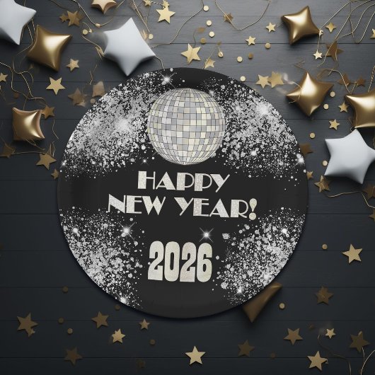 2026 Black Silver Glitter New Year's Eve Party  Papieren Bordje