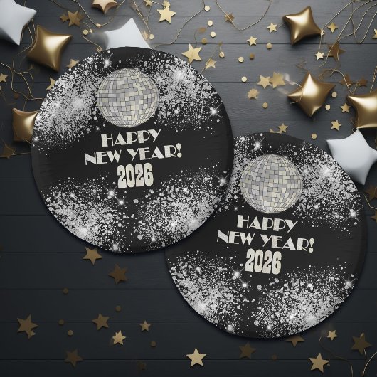 2026 Black Silver Glitter New Year's Eve Party  Papieren Kommen