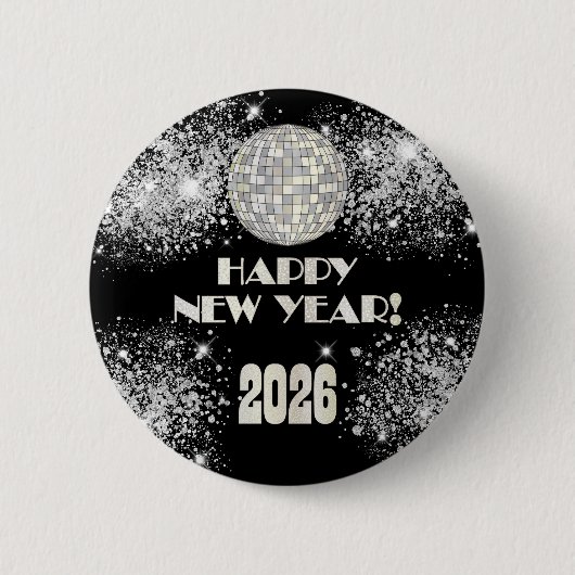 2026 Black Silver Glitter New Year's Eve Party  Ronde Button 5,7 Cm (Voorkant)
