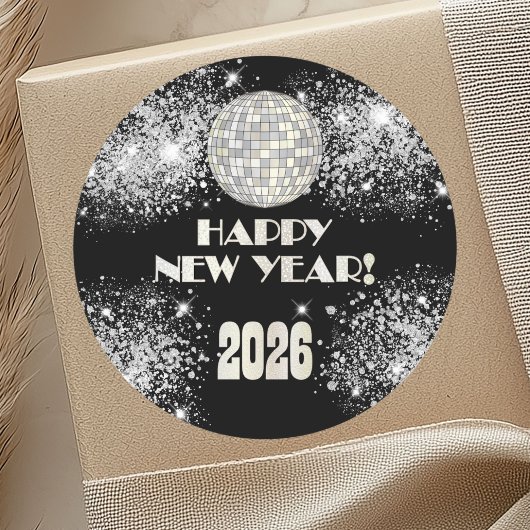 2026 Black Silver Glitter New Year's Eve Party Ronde Sticker