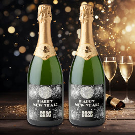 2026 Black Silver Glitter New Year's Eve Party  Sparkling Wijnetiket