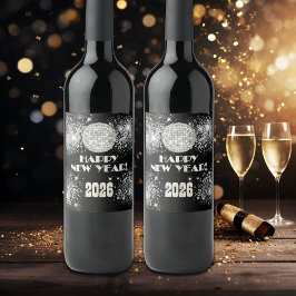 2026 Black Silver Glitter New Year's Eve Party  Wijn Etiket