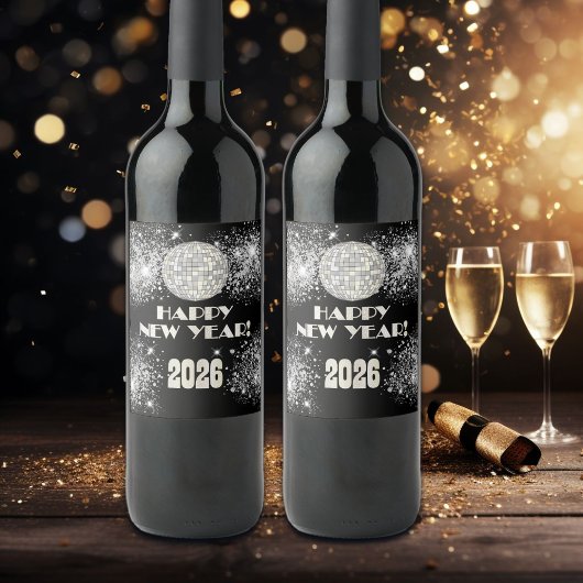 2026 Black Silver Glitter New Year's Eve Party  Wijn Etiket