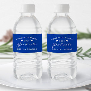 2026 Blauwe Witte Script Pet Graduation Waterfles Etiket