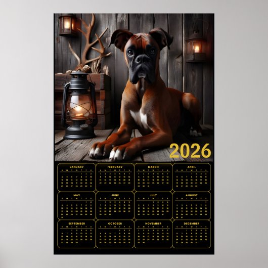 2026 Boxer Dog Calendar – Rustic Cabin Portrait Poster (Voorkant)