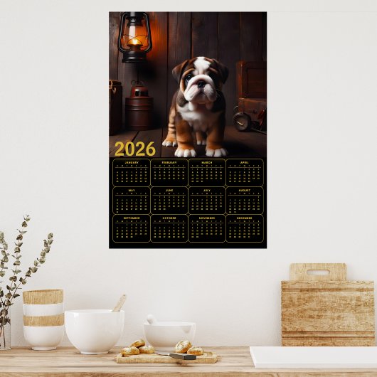 2026 Bulldog Puppy with Lantern Calendar Poster (Keuken)