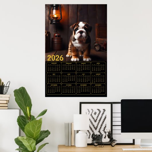 2026 Bulldog Puppy with Lantern Calendar Poster (Thuiskantoor)