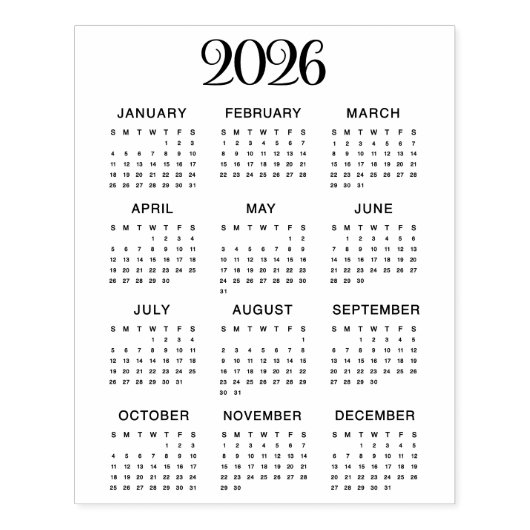 2026 Calendar #1 Four Rows, Three Columns Rubberstempel (Afrduk)