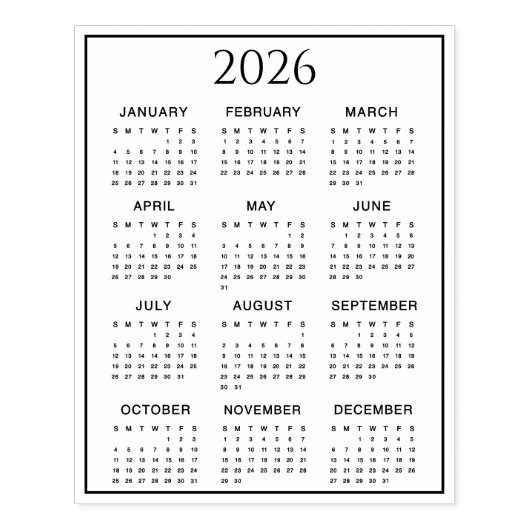 2026 Calendar #2 Four Rows, Three Columns Rubberstempel (Afrduk)