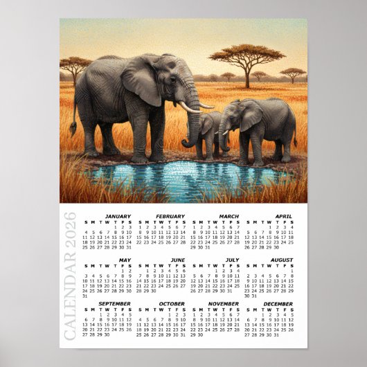 2026 Calendar, African Elephans, Safari, Africa Poster (Voorkant)