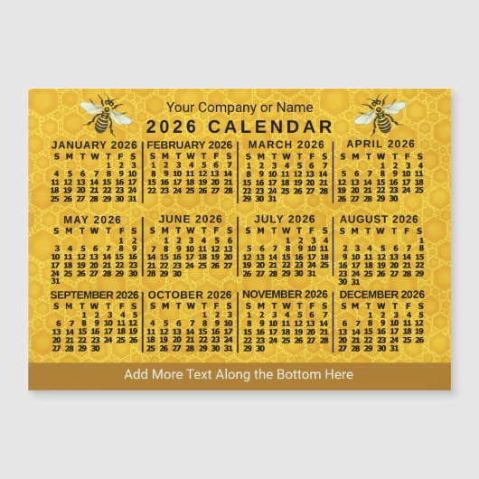 2026 Calendar Bee Honeycomb Custom Apiary Magnet (Voorkant)