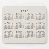 2026 Calendar Beige Faux Canvas Texture Muismat (Voorkant)