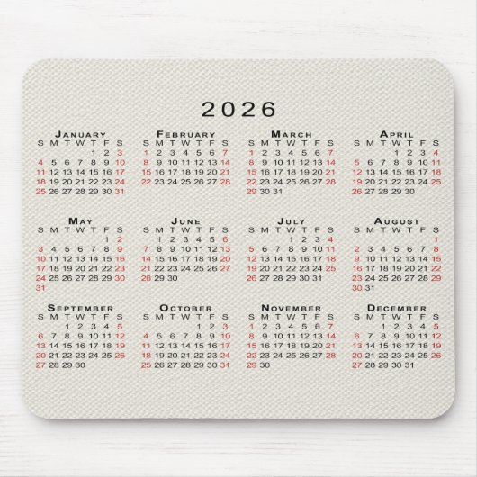2026 Calendar Beige Faux Canvas Texture Muismat (Voorkant)
