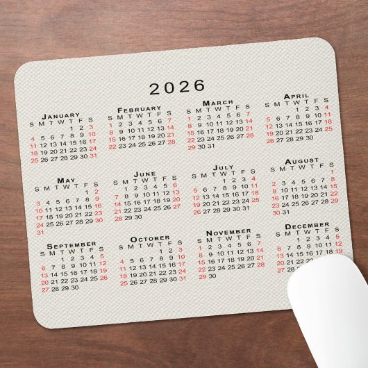 2026 Calendar Beige Faux Canvas Texture Muismat