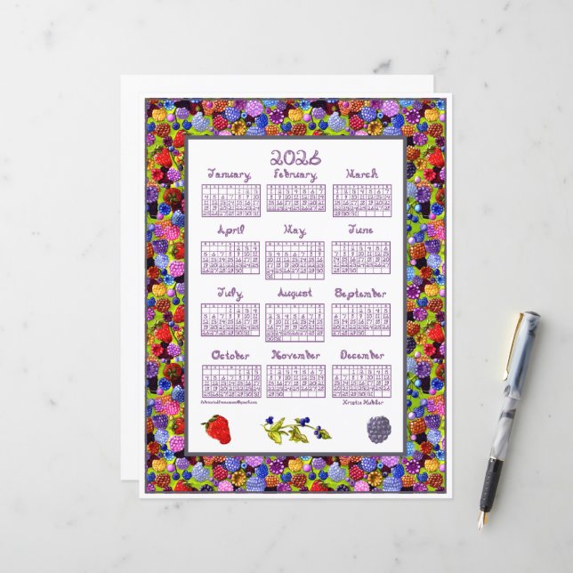 2026 Calendar Berries Art Frame Berry Fabric Font (Voorkant / Achterkant in situ)